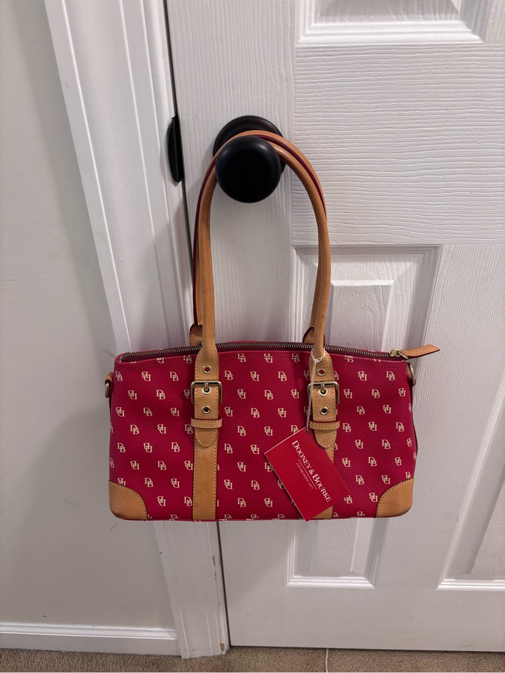 Dooney & Bourke Red Logo-Print Satchel with Tan Leather Trim - plus accessories